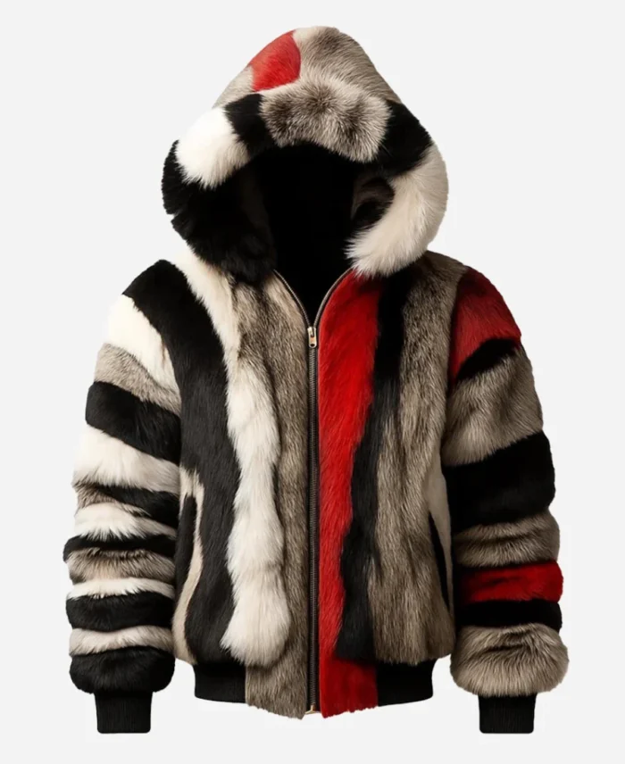 Luxury Multicolor Striped Hooded Faux Fur Jacket