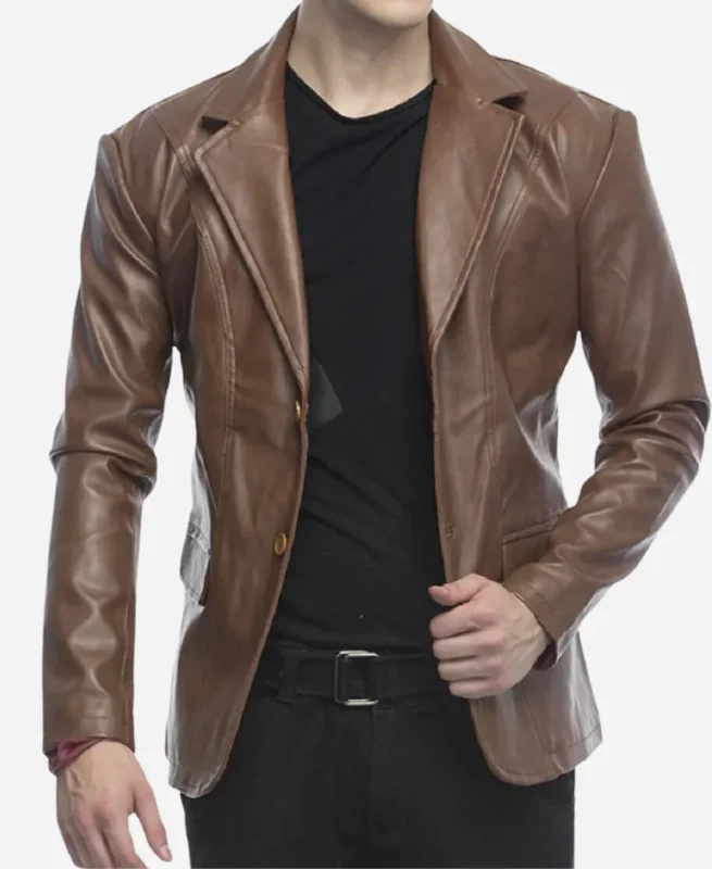 Men's 2 Button Lambskin Brown Leather Blazer For Sale