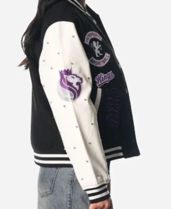 NBA-Team-Sacramento-Kings-2025-Black-and-White-Varsity-Sparkle-Jacket-For-Womens