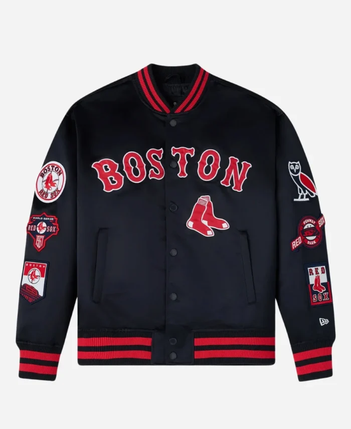 New Era x OVO x MLB Boston Red Sox Satin Navy Varsity Jacket