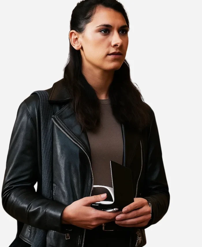 Nina-Singh-Art-Detectives-2025-DC-Shazia-Malik-Black-Biker-Leather-Jacket