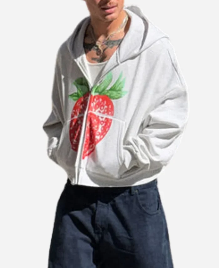 Strawberry Elwood Zip Rectangle Grey Hoodie For Sale