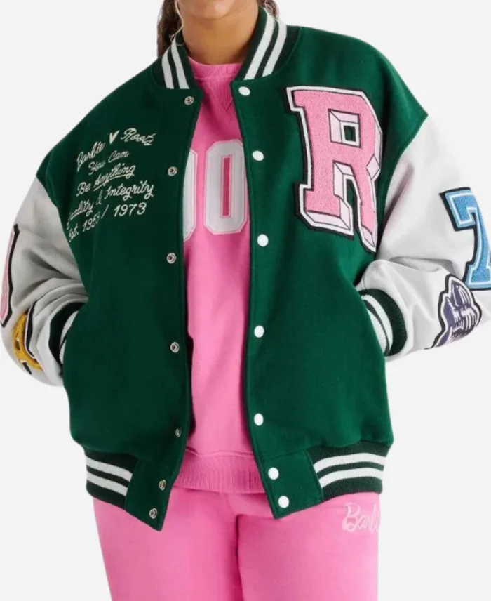 Women's Green & White Leather Varsity Jacket