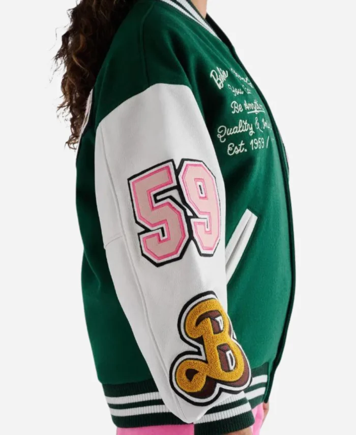 Women's Leather Varsity Green & White Jacket For Sale