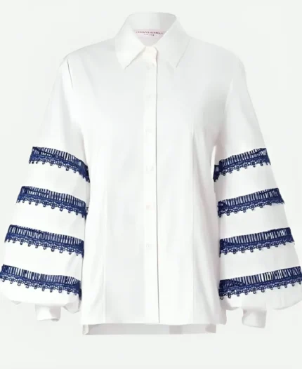 Ana Navarro The View White & Blue Embroidered Striped Shirt
