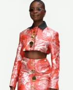 August 6, 2025 New York City Joy Sunday Rose Pattern Brocade Cropped Black Collar Jacket