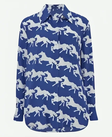 Daryn Carp E! News 2025 Horse Print Blue Shirt