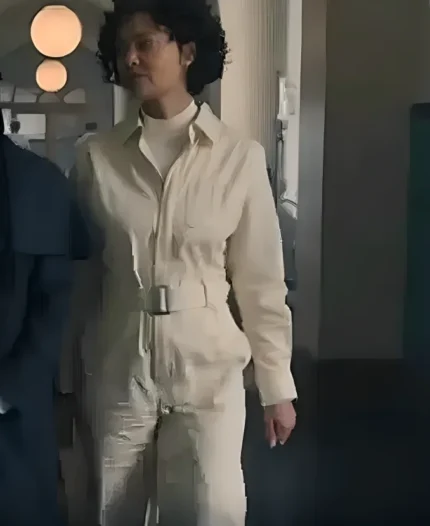 Dr. Rachael Fairburn TV Series Wednesday Season 2 Thandiwe Newton Collared Off-White Full-Zip Jumpsuit