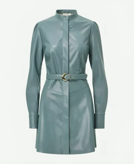 Emily Curl E! News 2025 Blue Leather Belted Dress