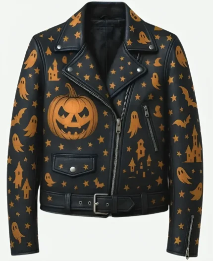 Ghost & Pumpkin Halloween Black Leather Jacket