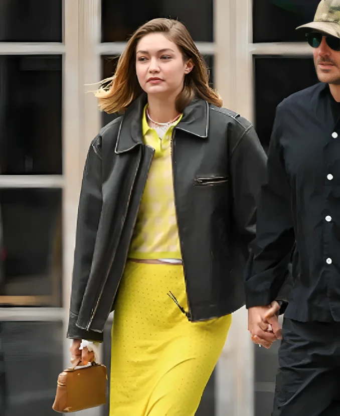 Gigi Hadid New York City Street Style 2025 Brown Distressed Leather Jacket Gigi Hadid New York City Street Style 2025 Brown Distressed Leather Jacket