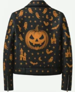 Halloween Haunted Ghost & Pumpkin Print Black Biker Leather Jacket
