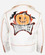 Halloween Pumpkin Patches Asymmetrical White Biker Leather Jacket