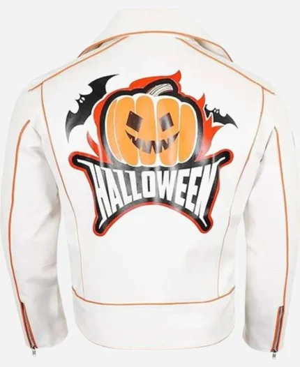 Halloween Pumpkin Patches Asymmetrical White Biker Leather Jacket