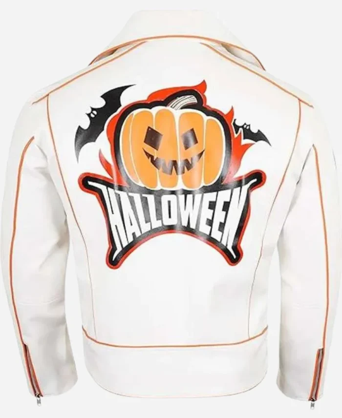 Halloween Pumpkin Patches Asymmetrical White Biker Leather Jacket