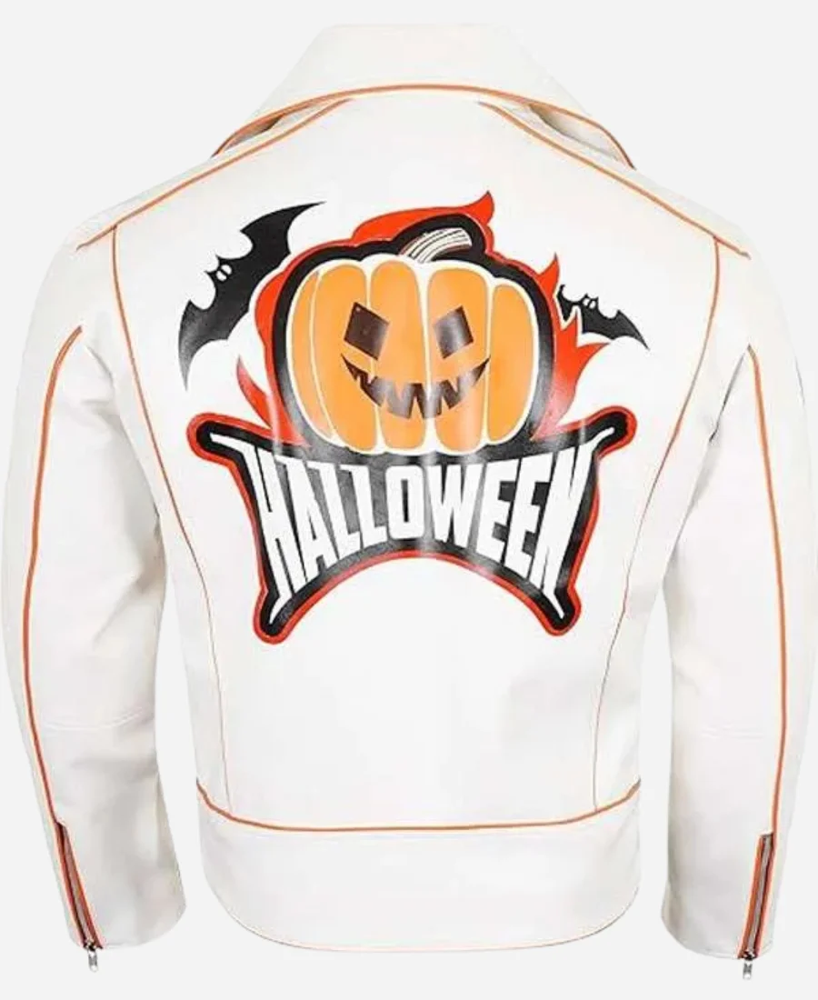 Halloween Pumpkin Patches Asymmetrical White Biker Leather Jacket Halloween Pumpkin Patches Asymmetrical White Biker Leather Jacket