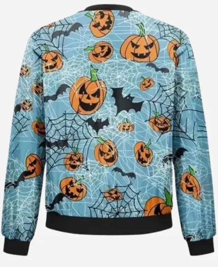 Halloween Pumpkins Bats and Web Printed Blue Bomber Jacket