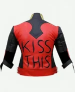 Harley Quinn God Among Us Red Golden Studded Kiss This Cropped Leather Jacket