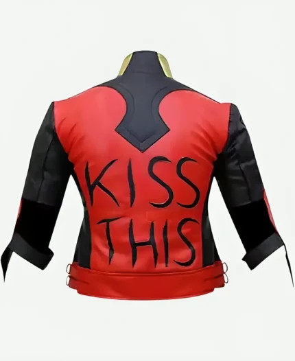 Harley Quinn God Among Us Red Golden Studded Kiss This Cropped Leather Jacket