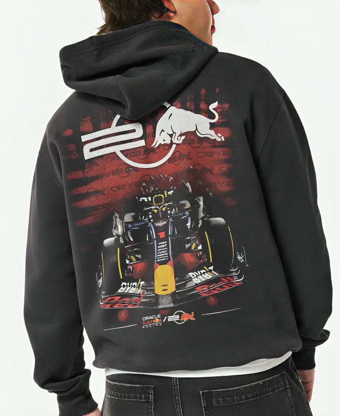 Hollister Relaxed Oracle Red Bull Racing Black Graphic Pullover Hoodie Hollister Relaxed Oracle Red Bull Racing Black Graphic Pullover Hoodie