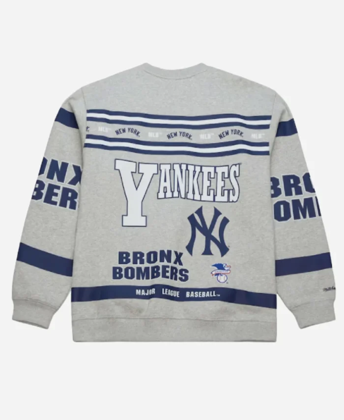 New York Yankees All Over Print Vintage Fleece Crewneck Heather Gray Sweatshirt For Sale