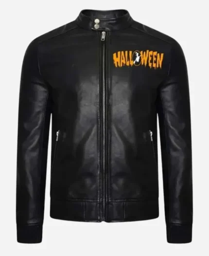 Pumpkin Printed Motorcycle Black Leather Jacket For Halloween