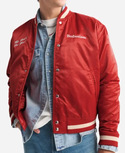Abercrombie Budweiser Red Satin Varsity Bomber Jacket