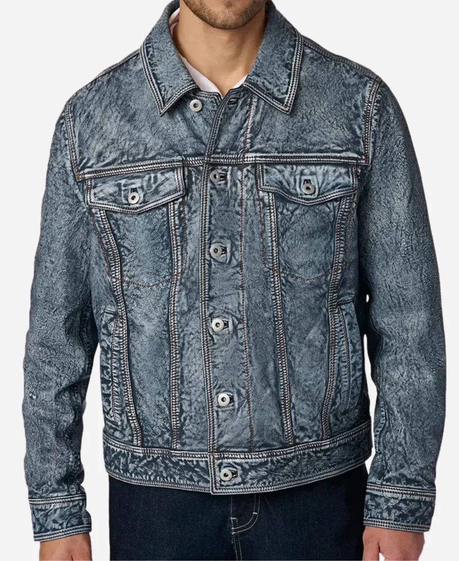 Blue Denim Jacket With Leather Sleeves For Men's Blue Denim Jacket With Leather Sleeves For Men's