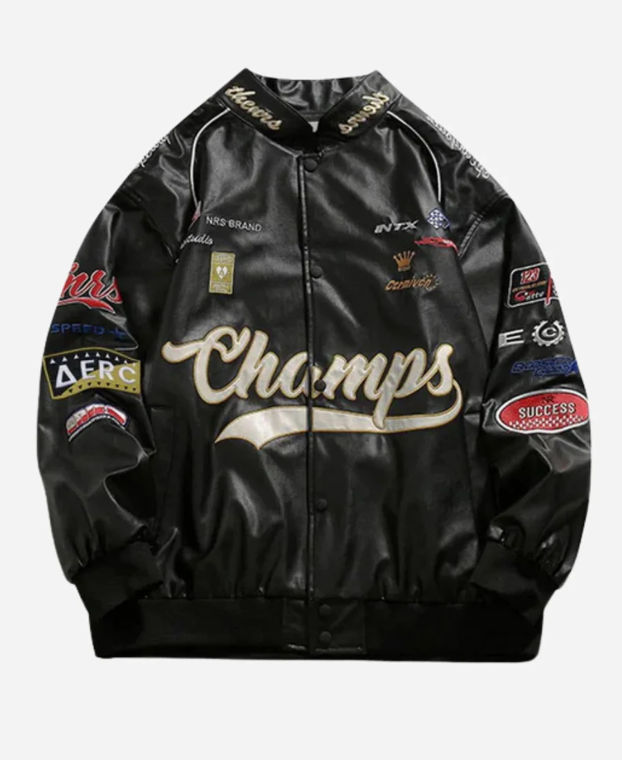 Champs Black Racing Style Leather Jacket Champs Black Racing Style Leather Jacket