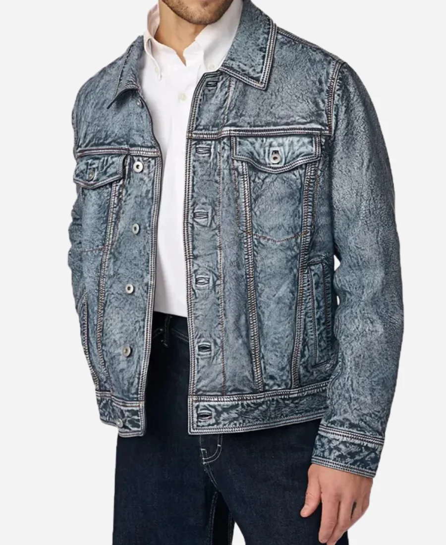 Denim Men's Jacket With Leather Sleeves Denim Men's Jacket With Leather Sleeves