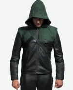 Green Arrow Stephen Amell Hooded Leather Jacket For Sale