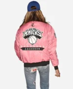 Kelly Bensimon New York Knicks Pink Flight Bomber Jacket For Sale
