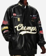 Motorcycle Oversized Champs Racing Style Black Leather Jacket For Sale